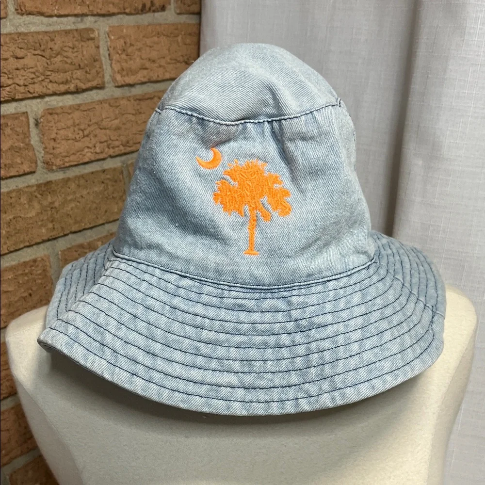 South Carolina Palmetto Tree Denim Bucket Hat Orange Embroidered Crescent Moon